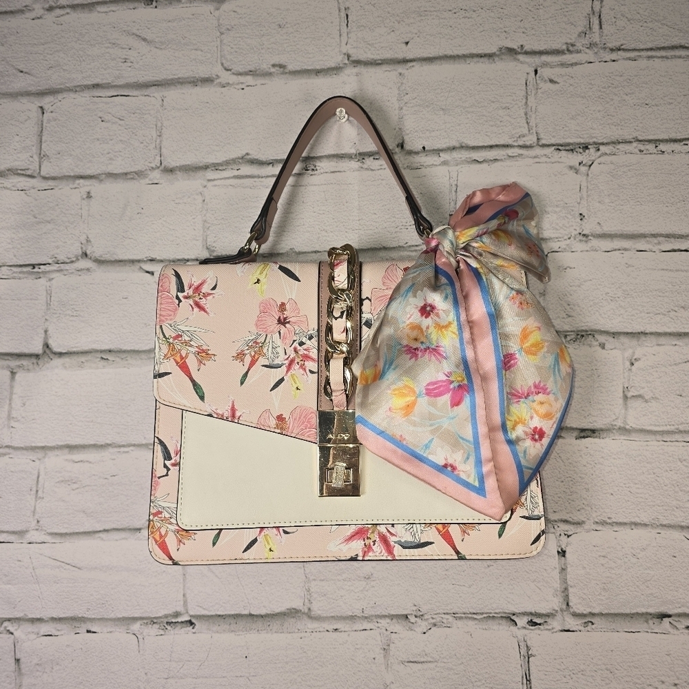 Aldo Pink And White Floral Handbag, Scarf Accent, Chain Accents On Strap